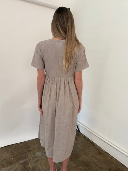 Things Between Sutton Brown Striped Tie Top Midi Dress