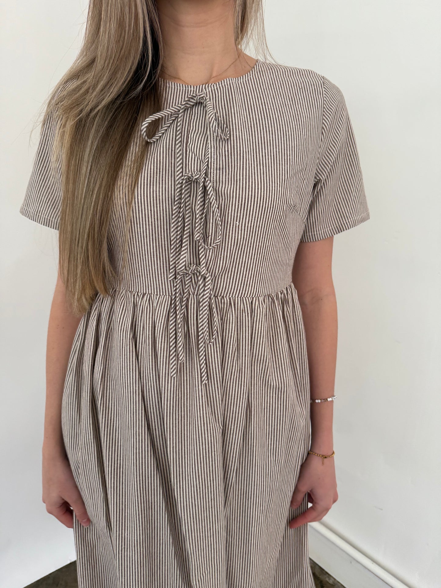 Things Between Sutton Brown Striped Tie Top Midi Dress