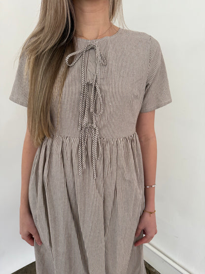 Things Between Sutton Brown Striped Tie Top Midi Dress