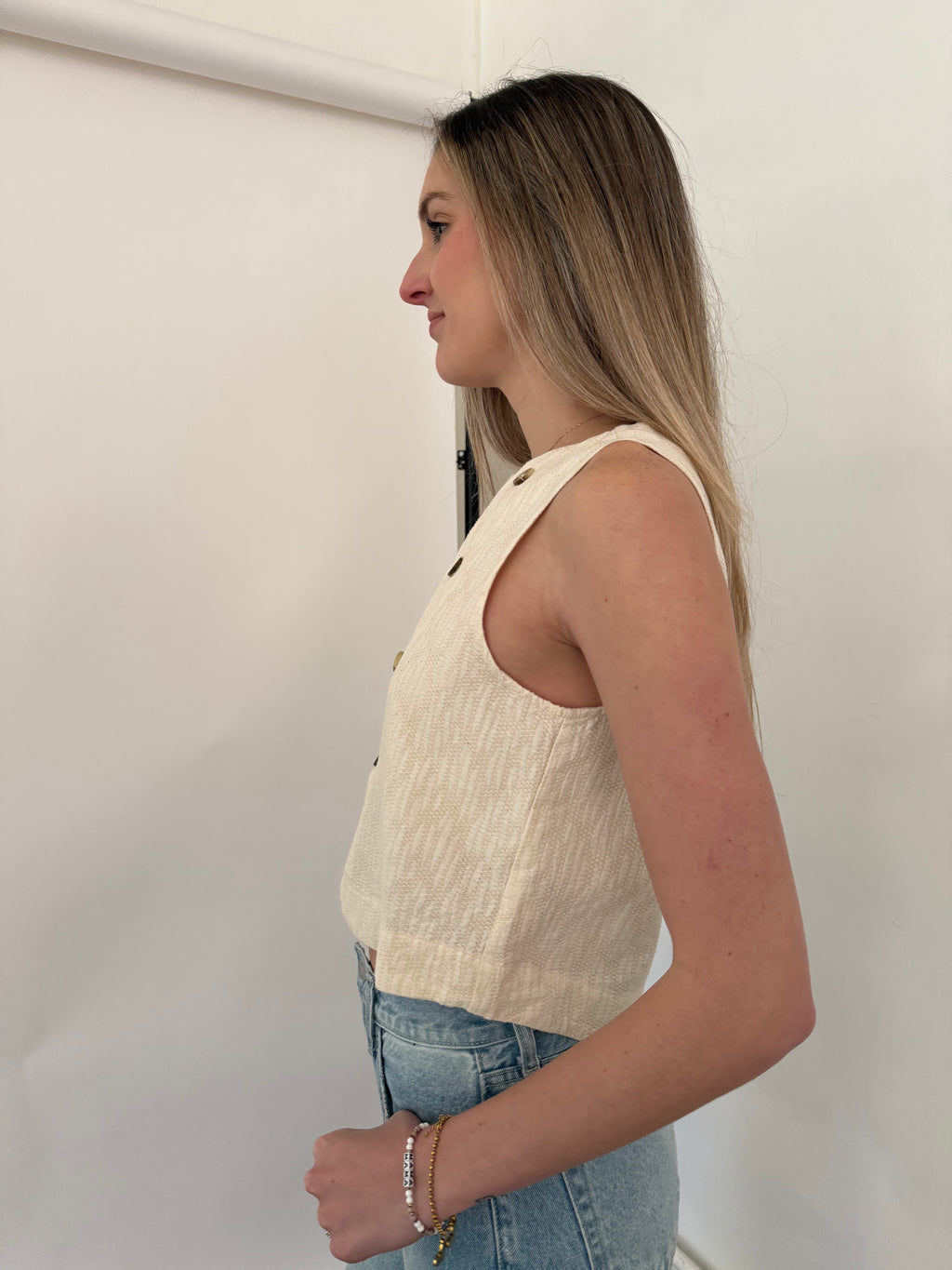 FRNCH Pamphilia Cream Woven Buttoned Vest Top
