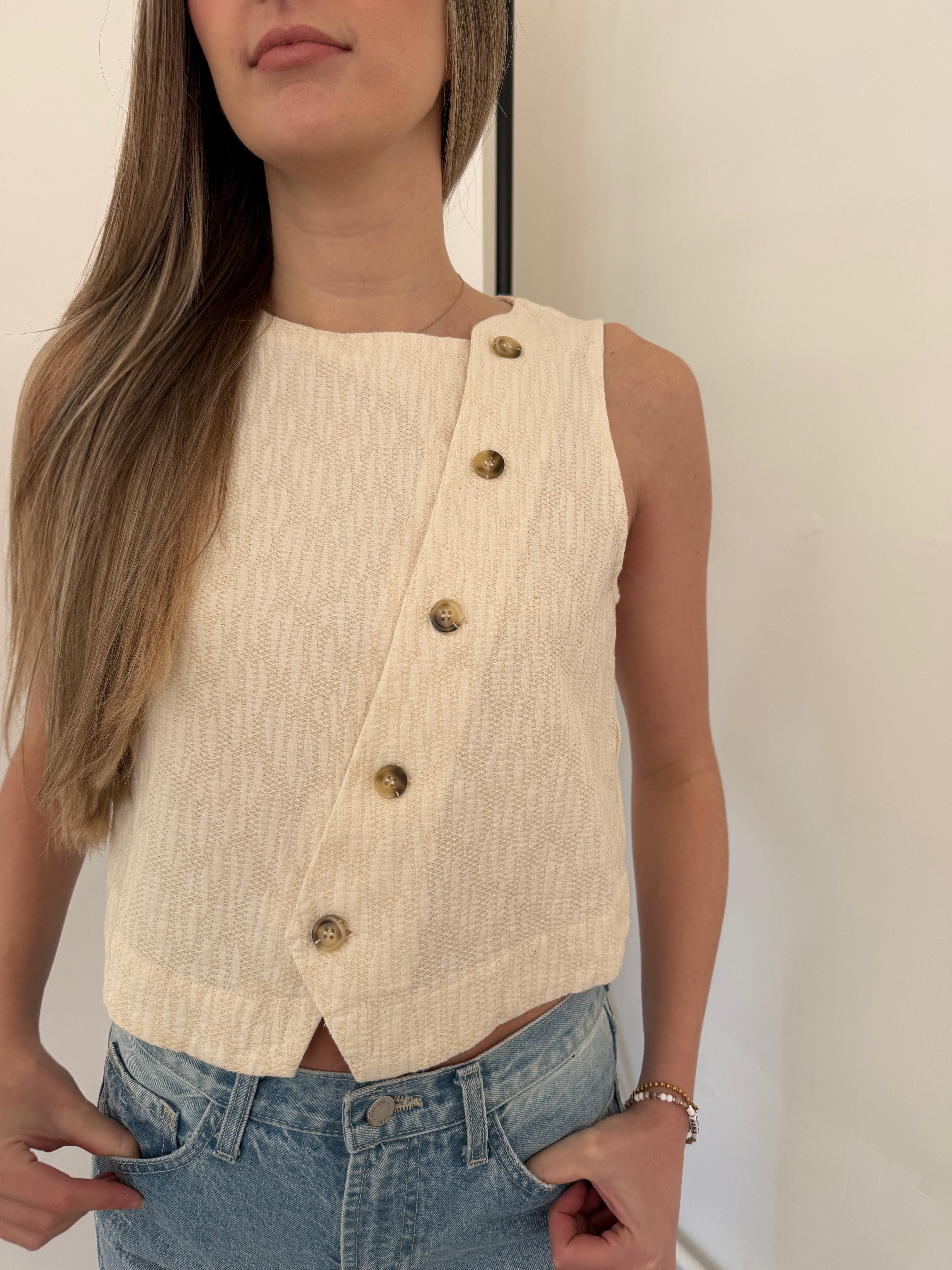 FRNCH Pamphilia Cream Woven Buttoned Vest Top