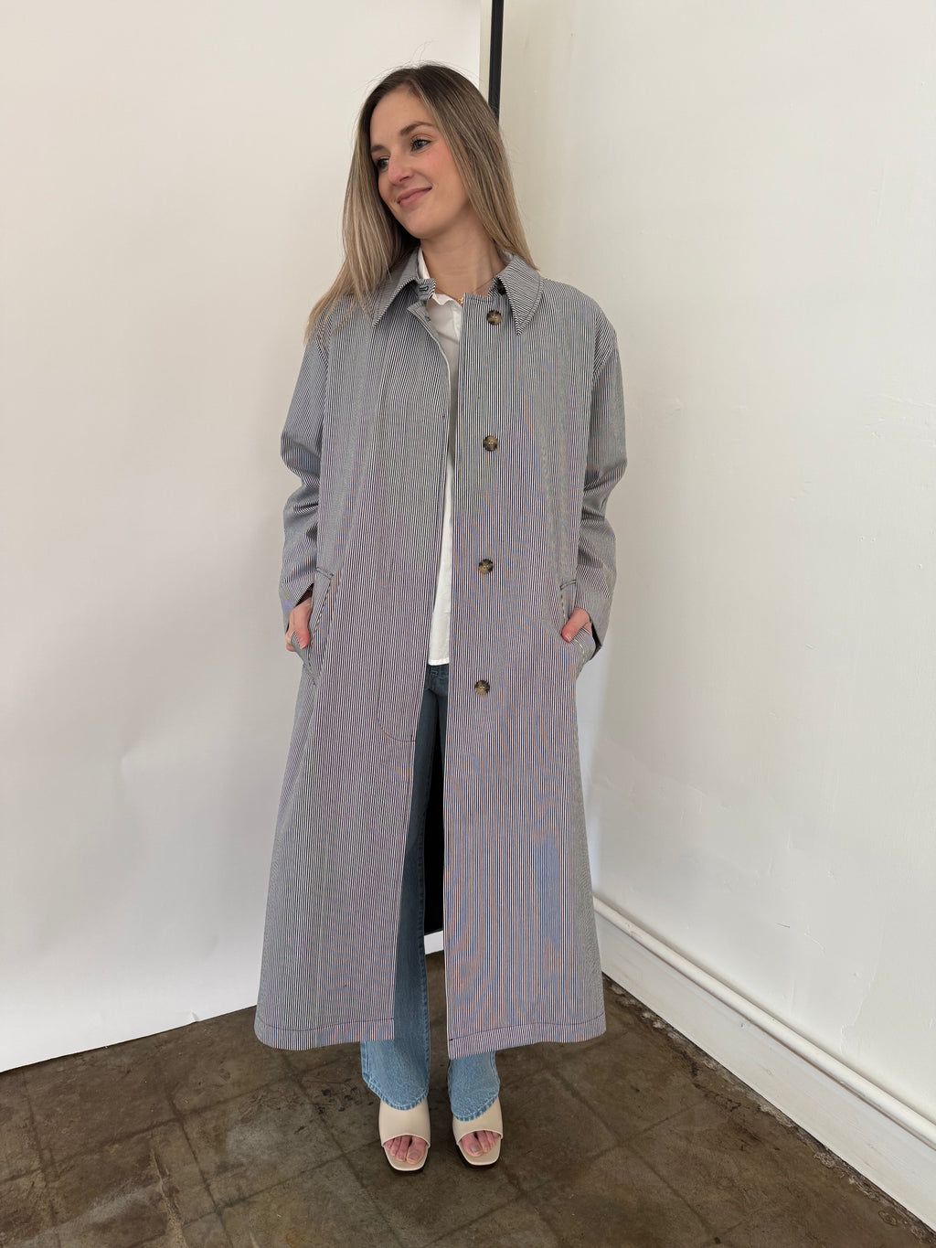 FRNCH Nelcy Blue Pinstripe Buttoned Trench Coat