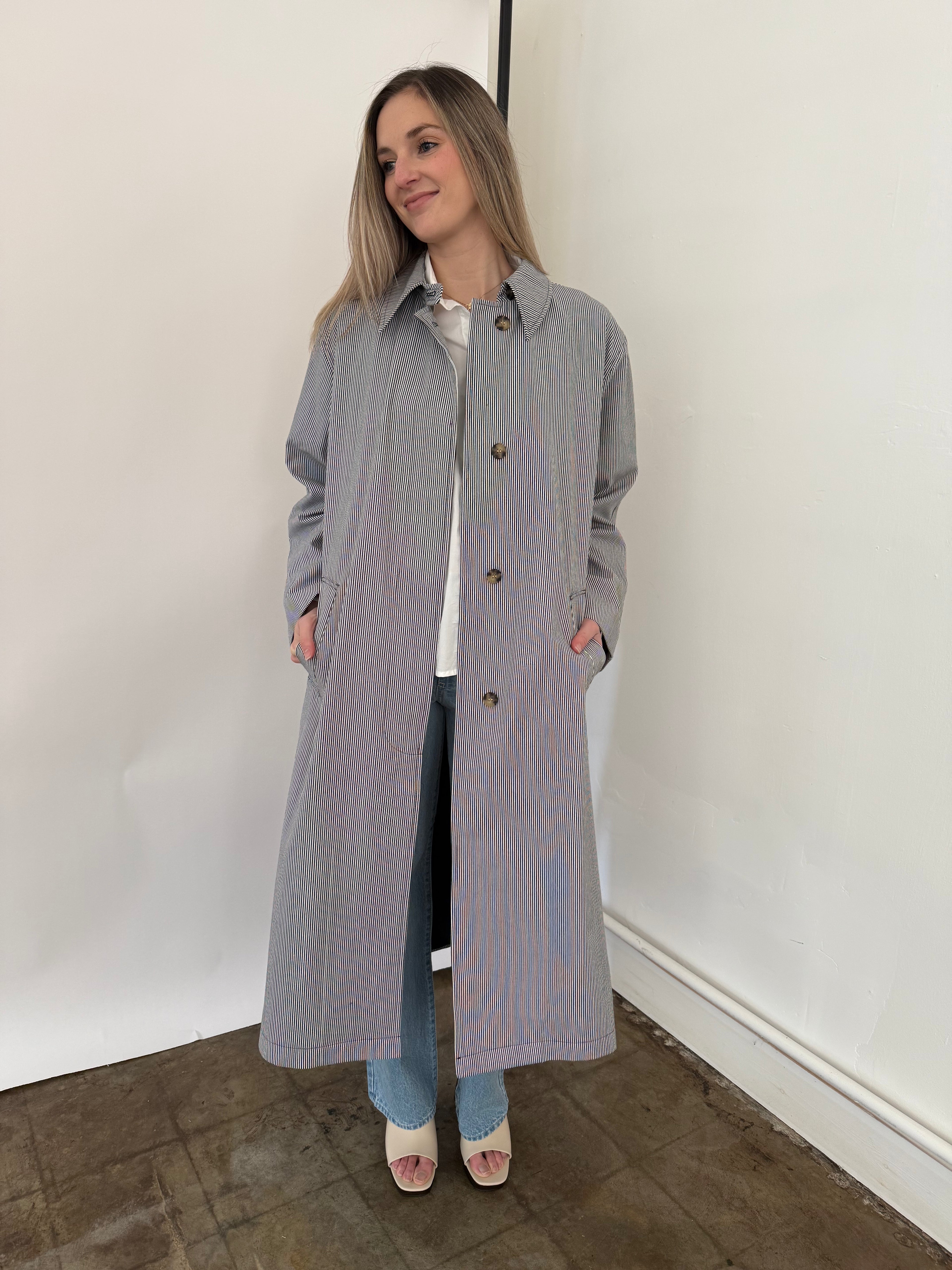 FRNCH Nelcy Blue Pinstripe Buttoned Trench Coat