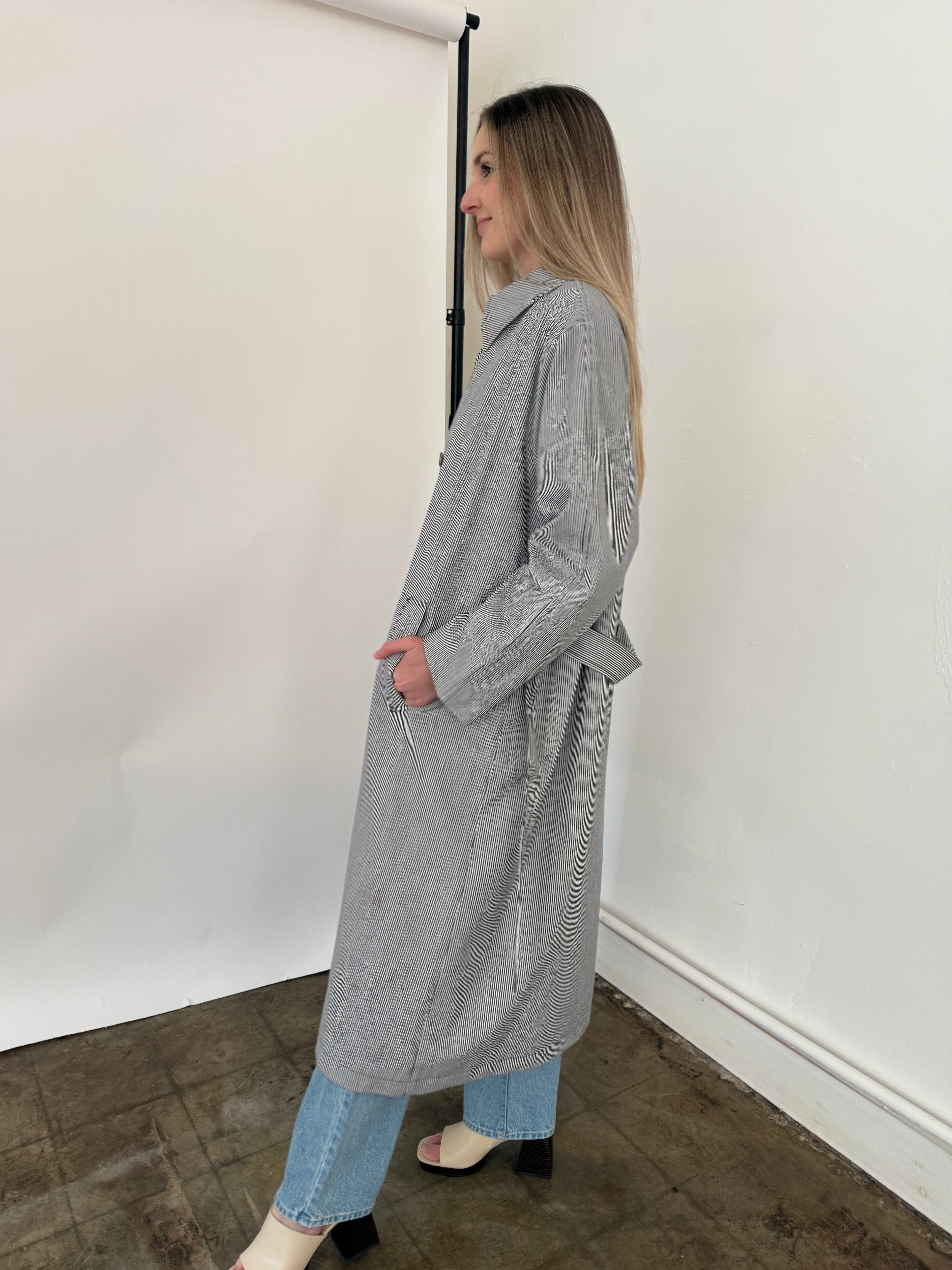 FRNCH Nelcy Blue Pinstripe Buttoned Trench Coat