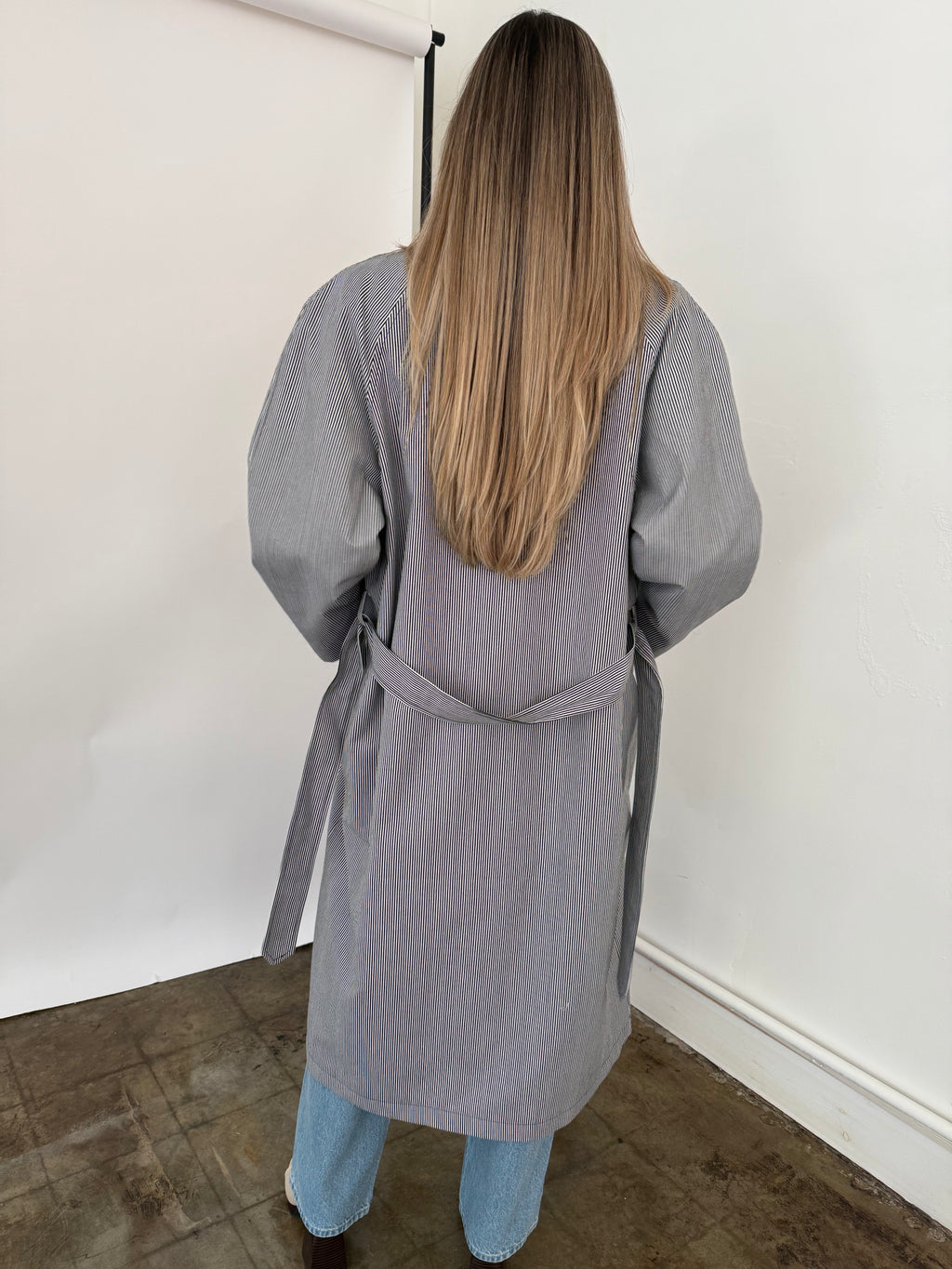 FRNCH Nelcy Blue Pinstripe Buttoned Trench Coat