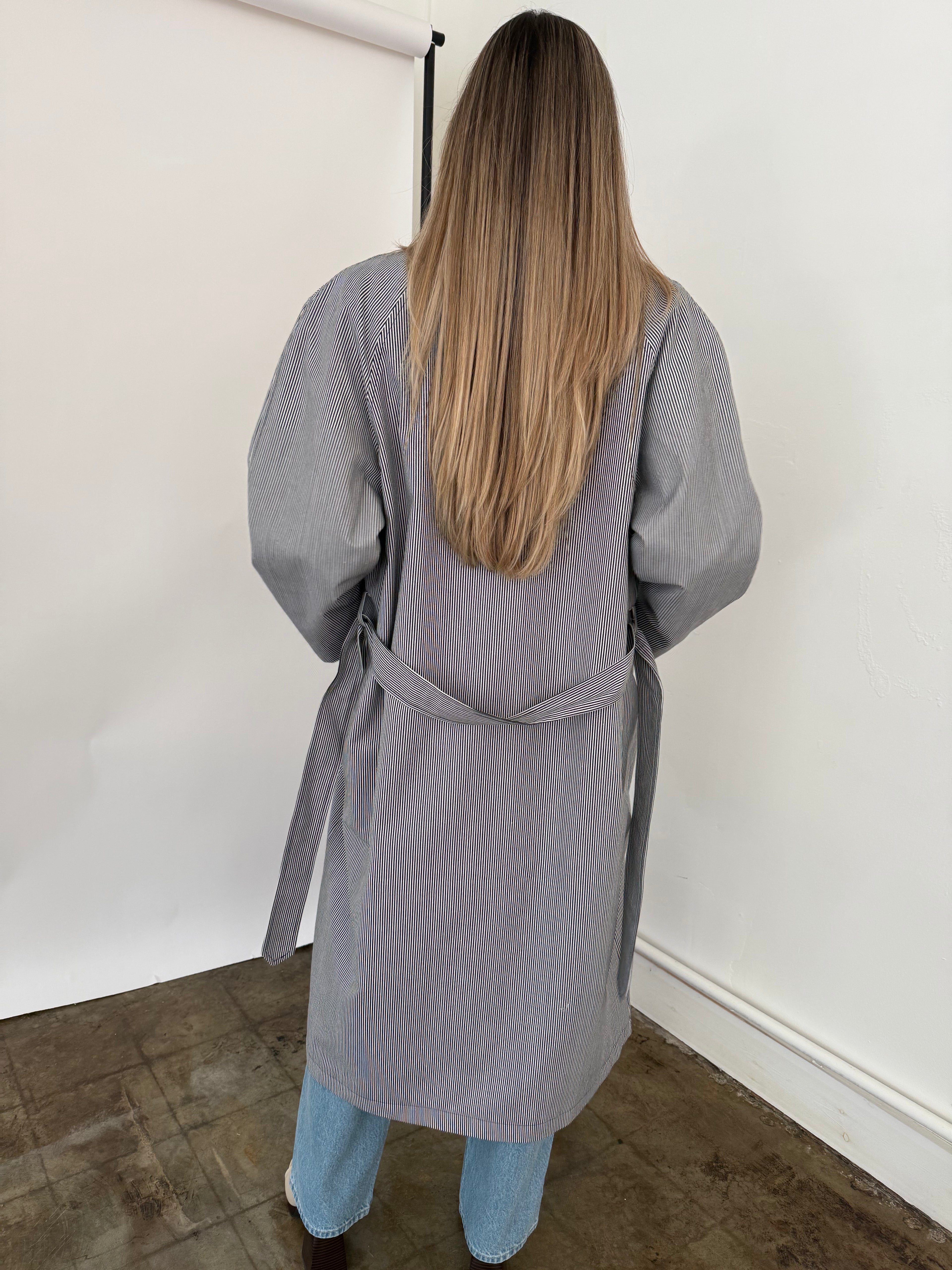 FRNCH Nelcy Blue Pinstripe Buttoned Trench Coat