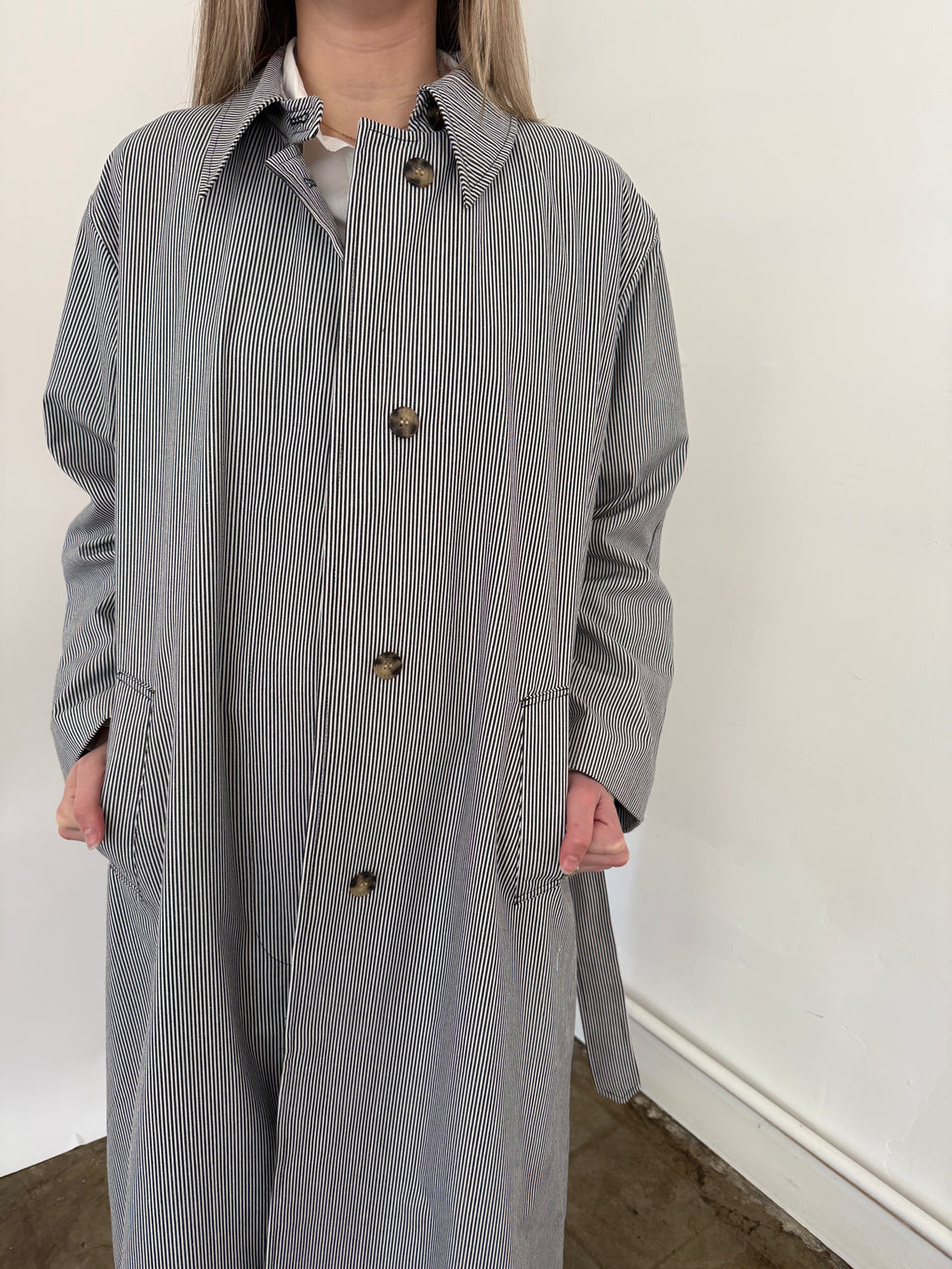 FRNCH Nelcy Blue Pinstripe Buttoned Trench Coat