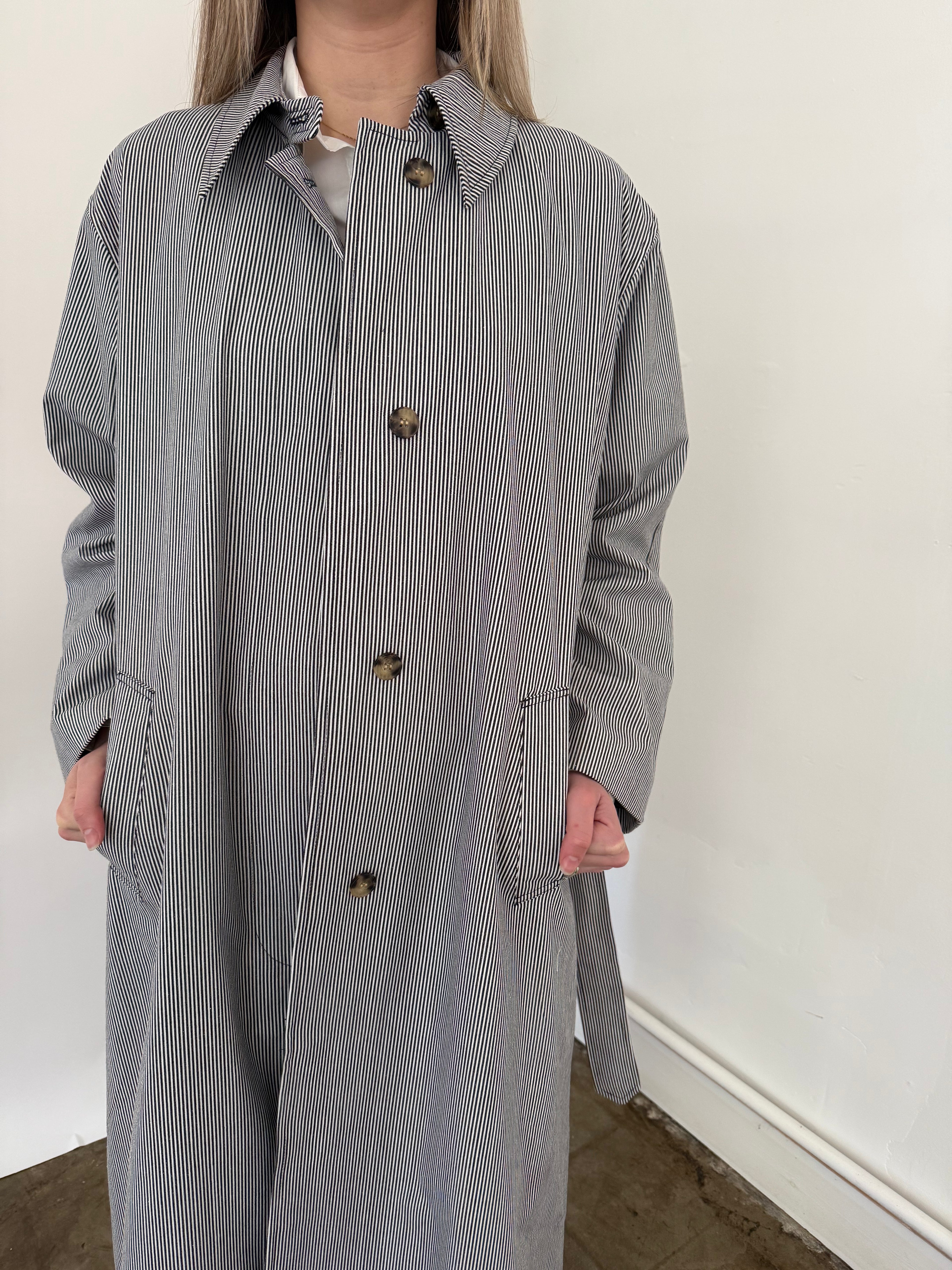 FRNCH Nelcy Blue Pinstripe Buttoned Trench Coat