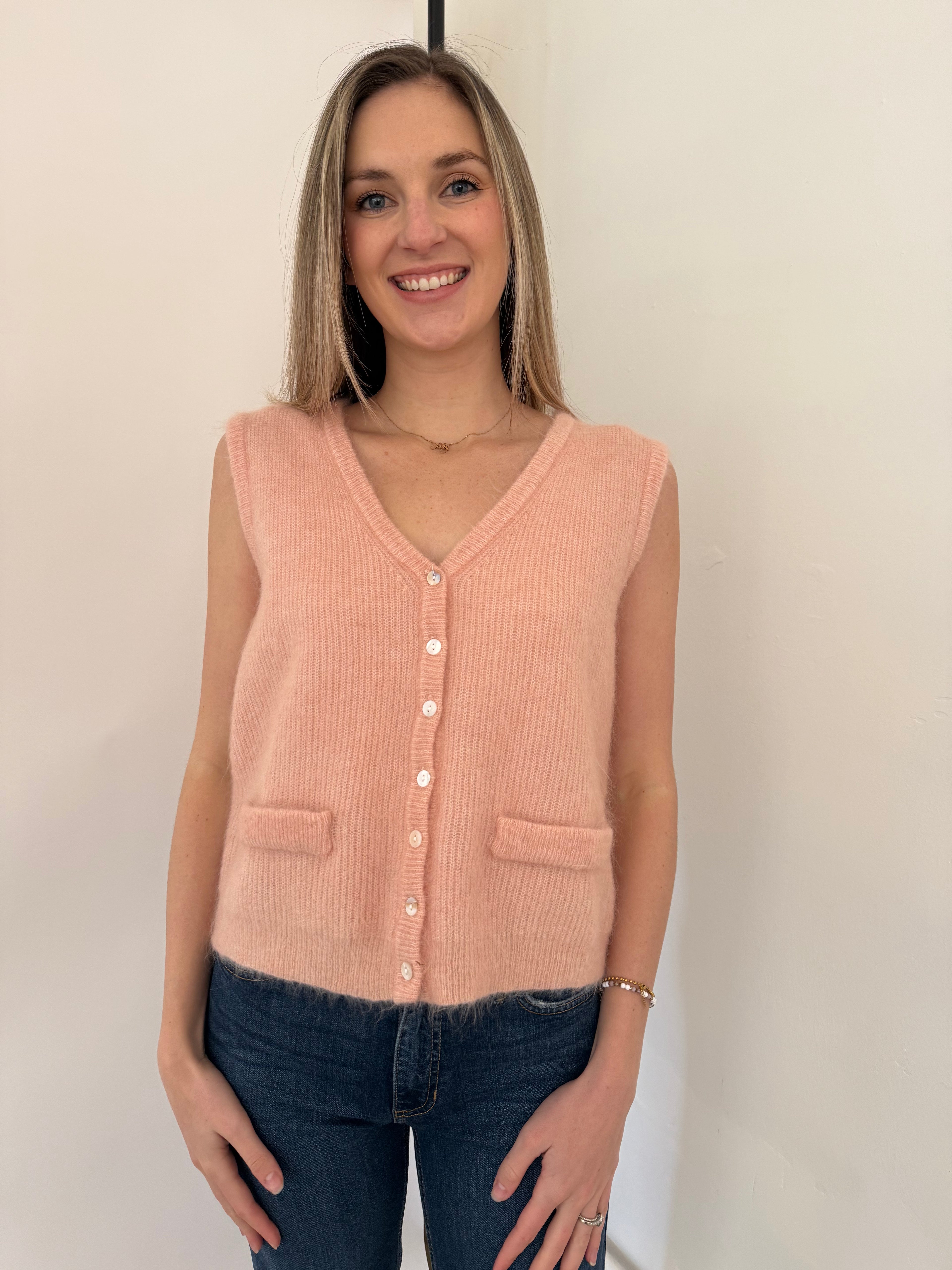 FRNCH Meliza Baby Pink Knit Buttoned Vest Top