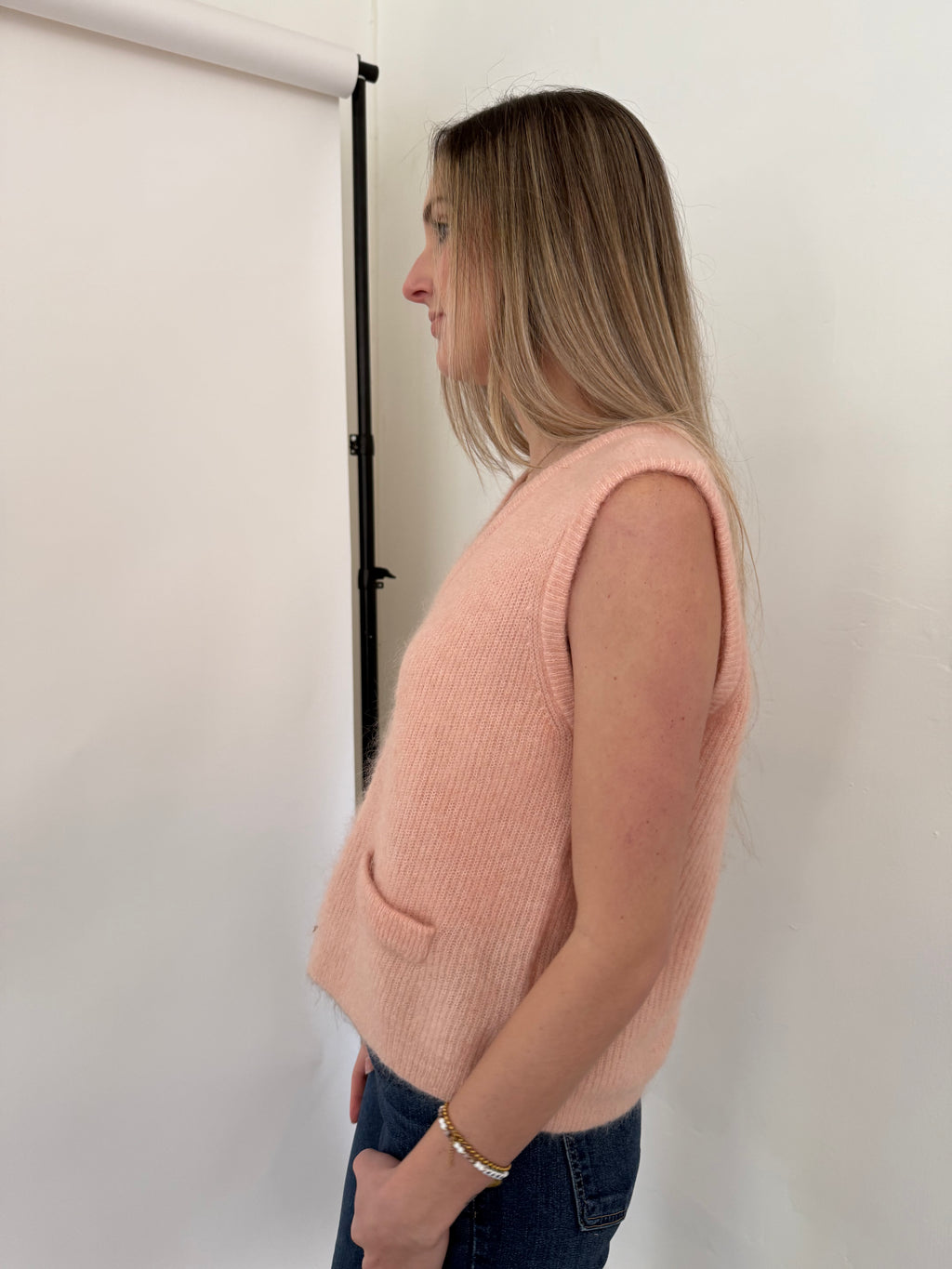 FRNCH Meliza Baby Pink Knit Buttoned Vest Top