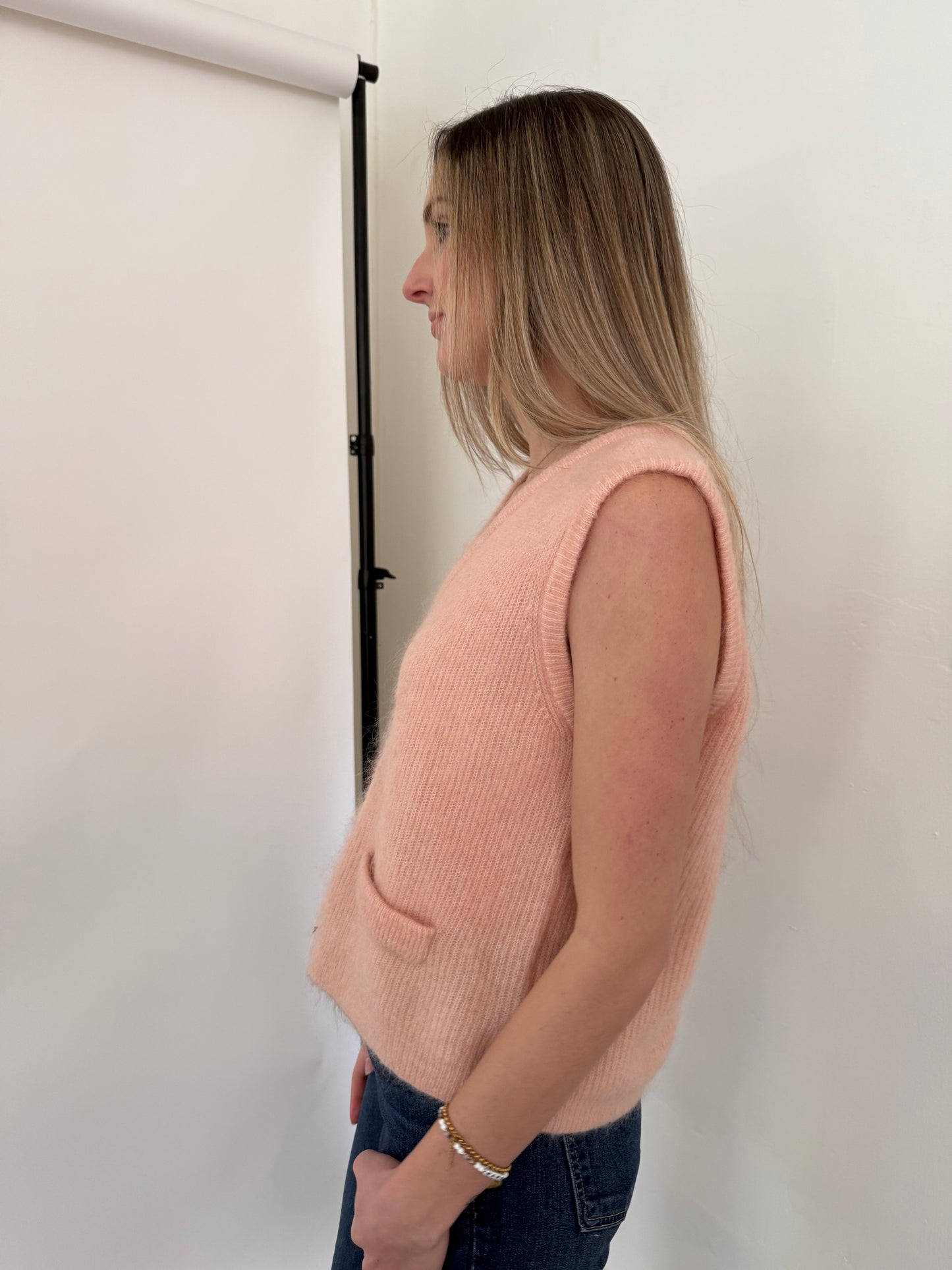 FRNCH Meliza Baby Pink Knit Buttoned Vest Top