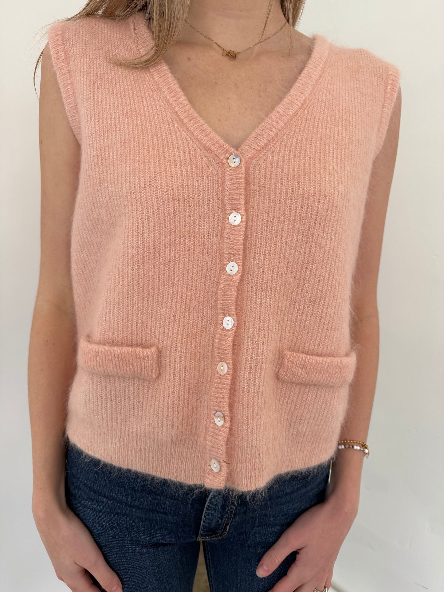 FRNCH Meliza Baby Pink Knit Buttoned Vest Top