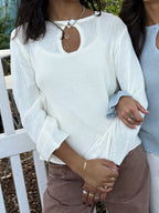 Ruth Woven Knit Keyhole Sweater (White)