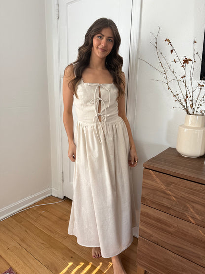 Aureum Victoria Oatmeal Linen Tie Front Midi Dress