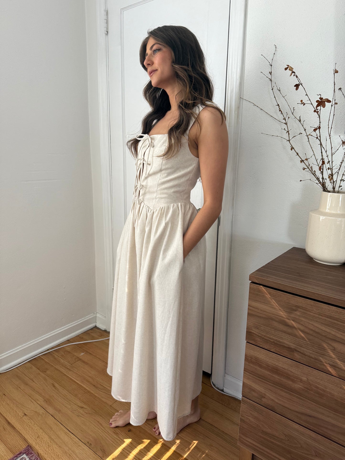 Aureum Victoria Oatmeal Linen Tie Front Midi Dress