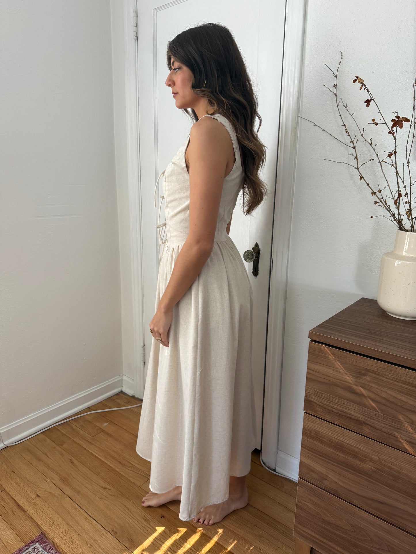 Aureum Victoria Oatmeal Linen Tie Front Midi Dress