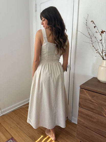 Aureum Victoria Oatmeal Linen Tie Front Midi Dress