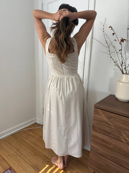 Aureum Victoria Oatmeal Linen Tie Front Midi Dress