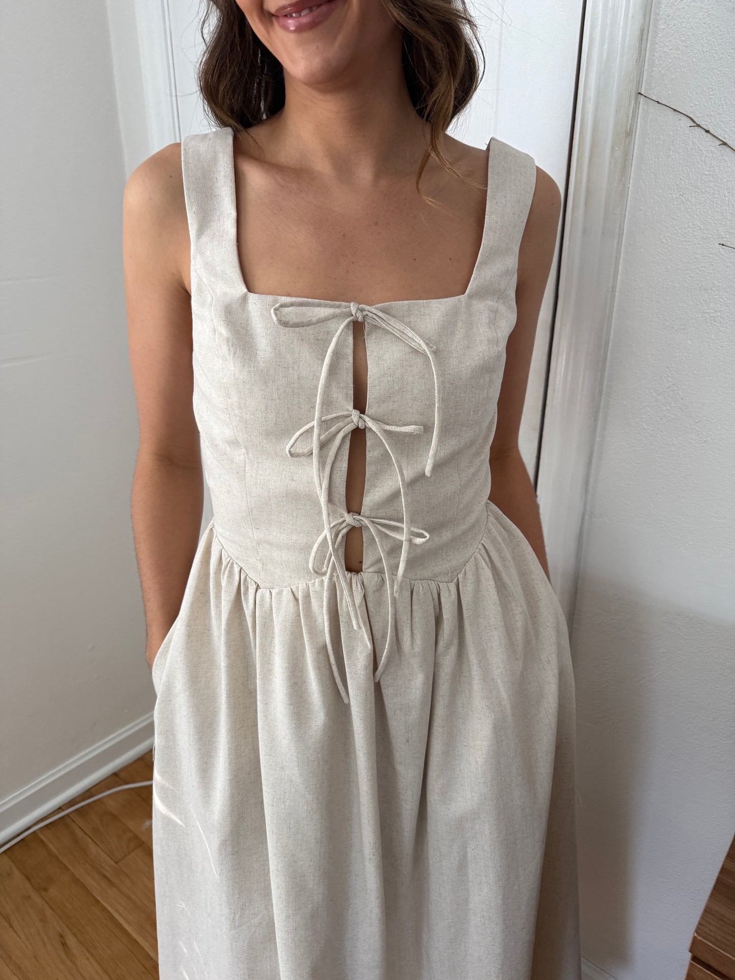Aureum Victoria Oatmeal Linen Tie Front Midi Dress