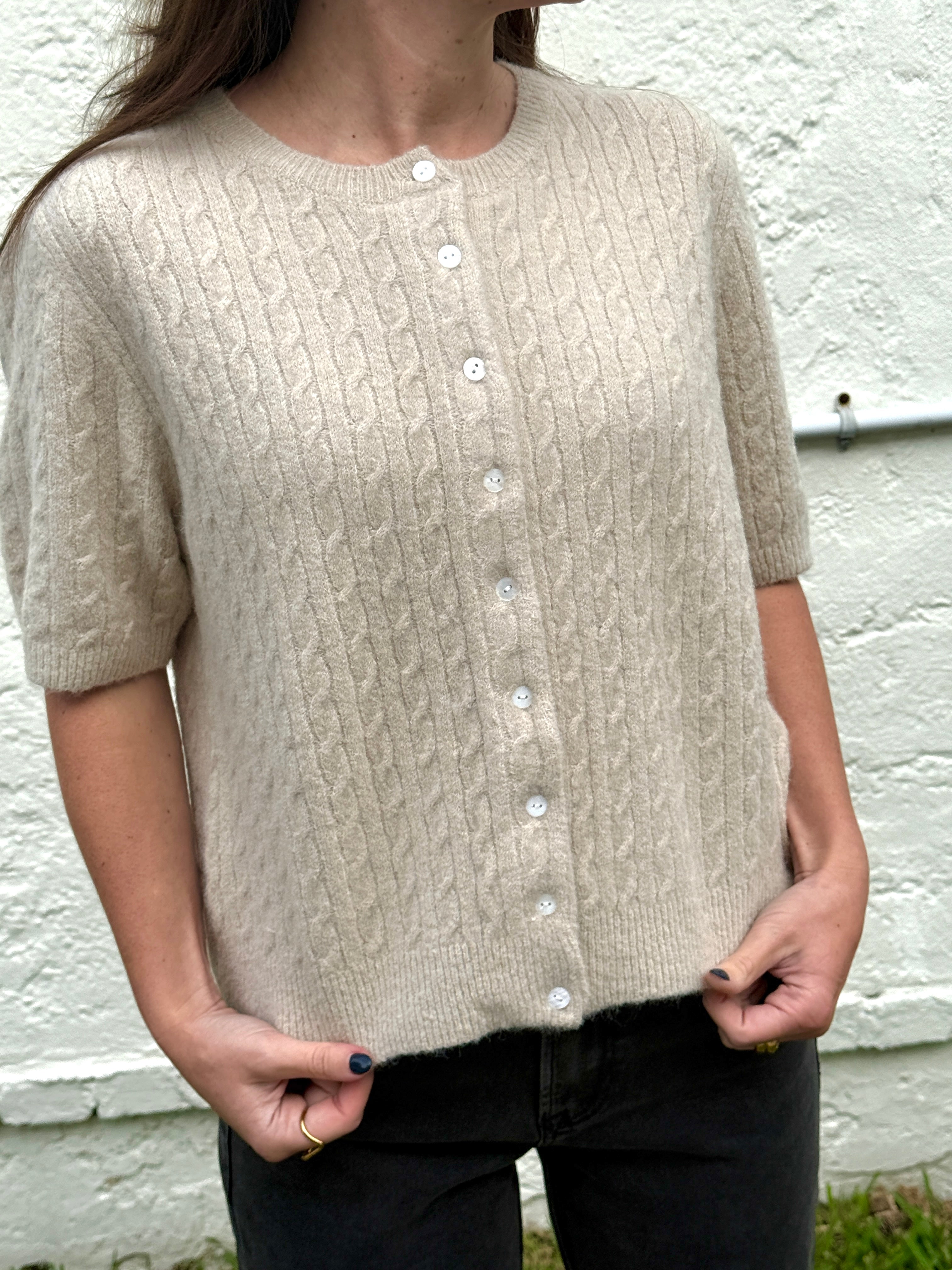 Things Between Paisley Cable Knit Short Sleeve Top (Beige)