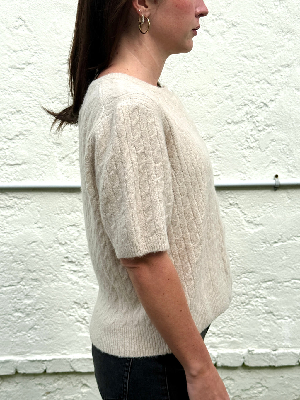 Things Between Paisley Cable Knit Short Sleeve Top (Beige)