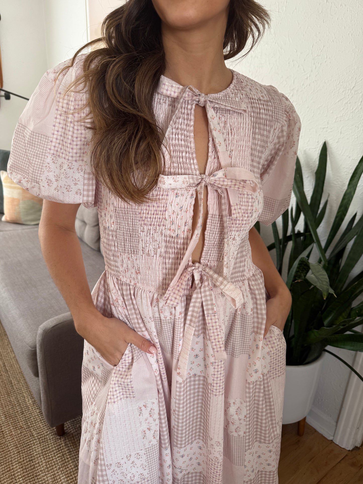 Aureum Valerie Blush Gingham Floral Smocked Midi Dress