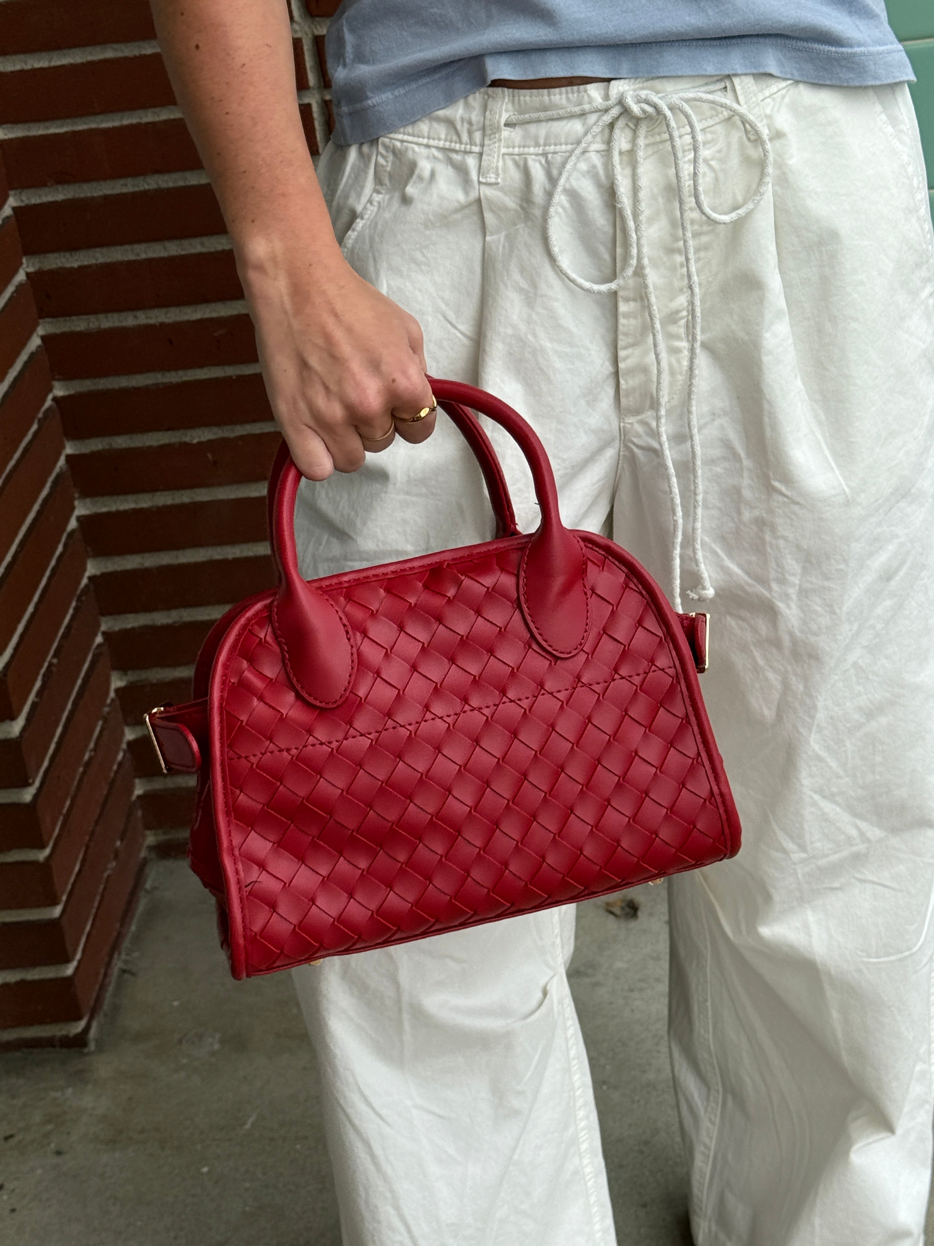 Kristie Red Woven Basketweave Top Handle Mini Tote