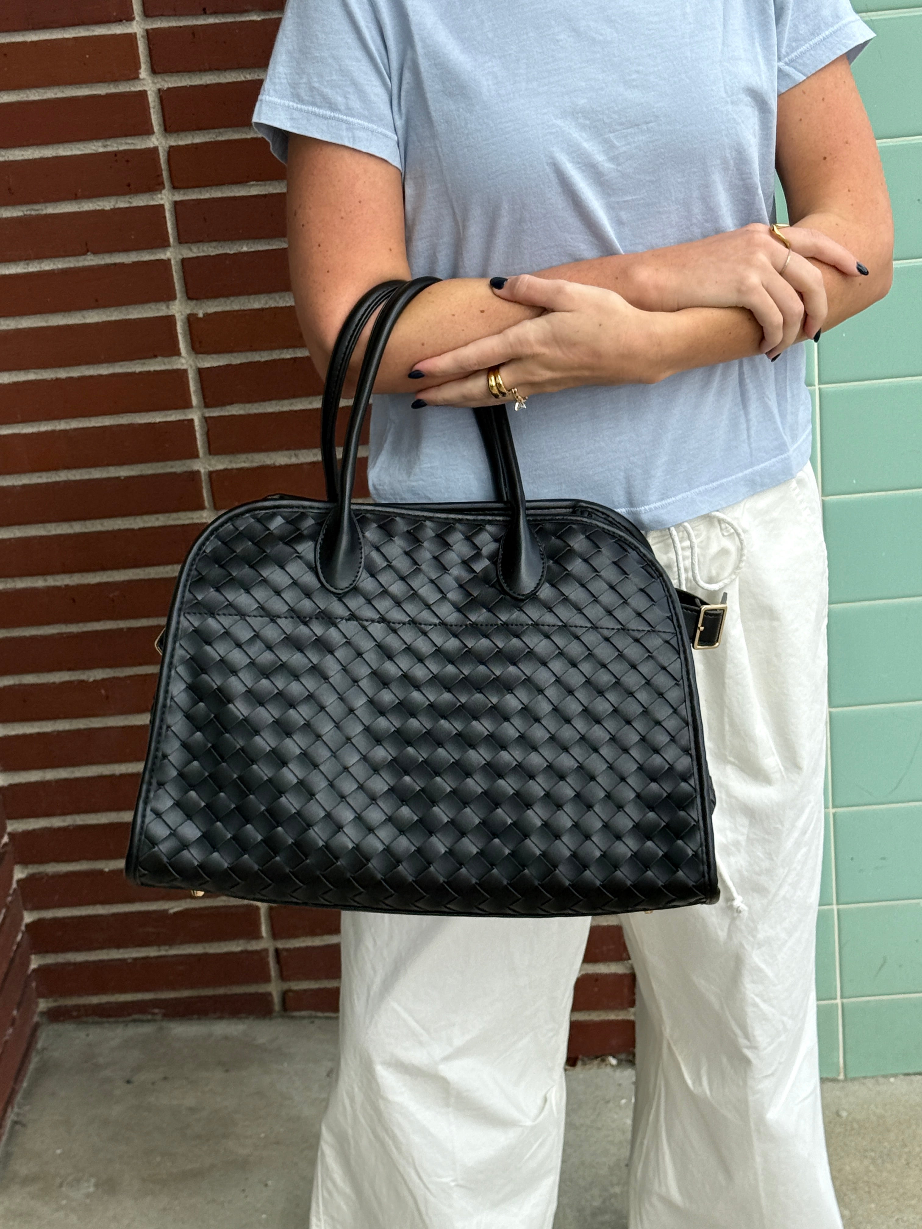 Rhonda Black Woven Basketweave Top Handle Tote