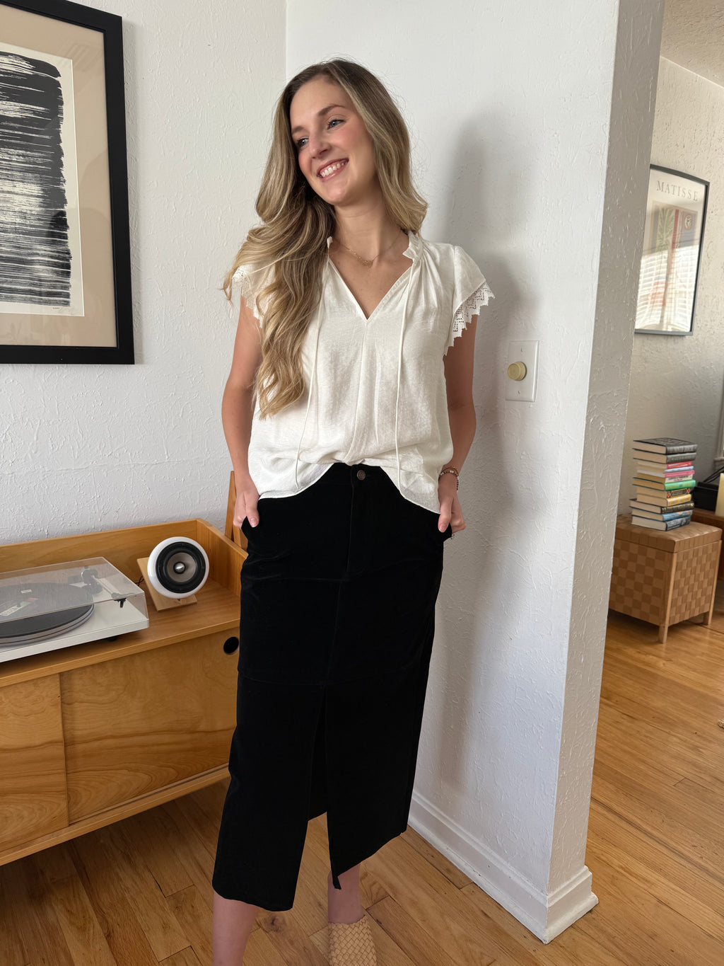 Penelope Black Faux Suede Midi Skirt