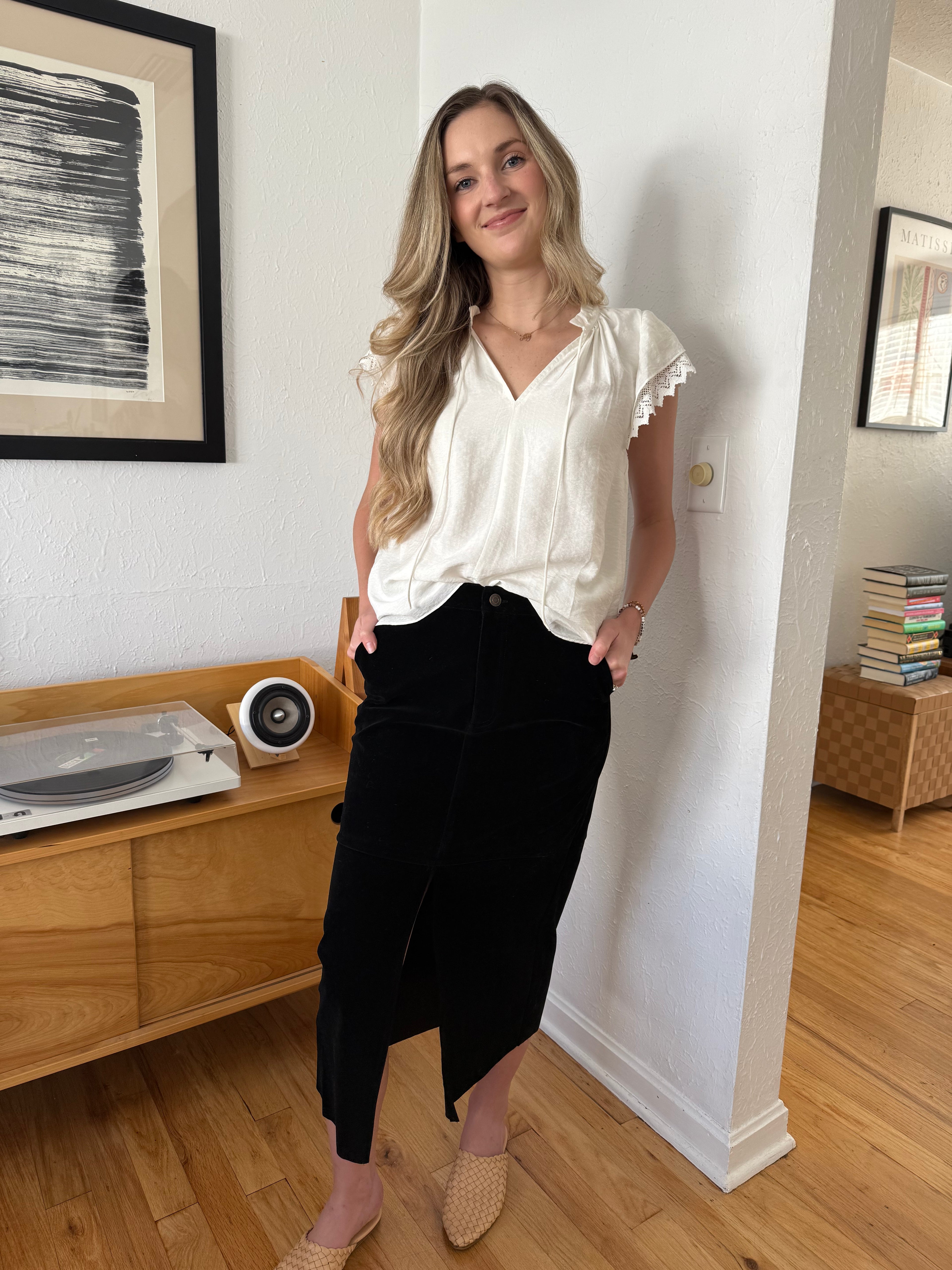 Penelope Black Faux Suede Midi Skirt