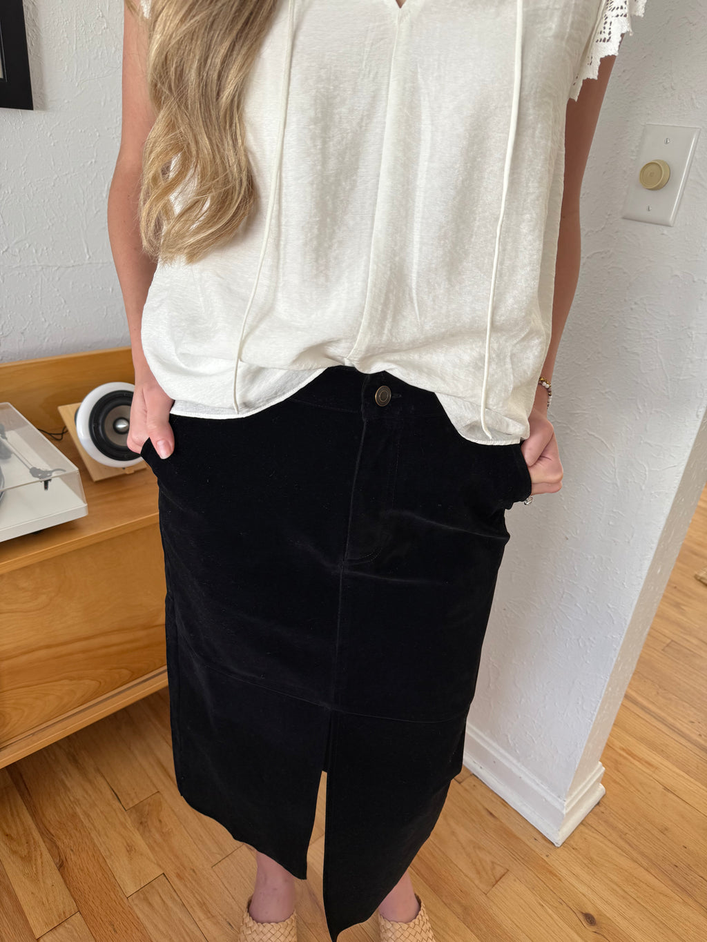 Penelope Black Faux Suede Midi Skirt