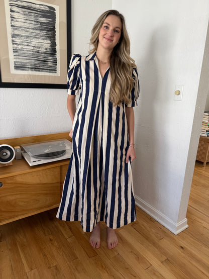 PINCH Winnie Navy Striped Puff Sleeve Midi Dress