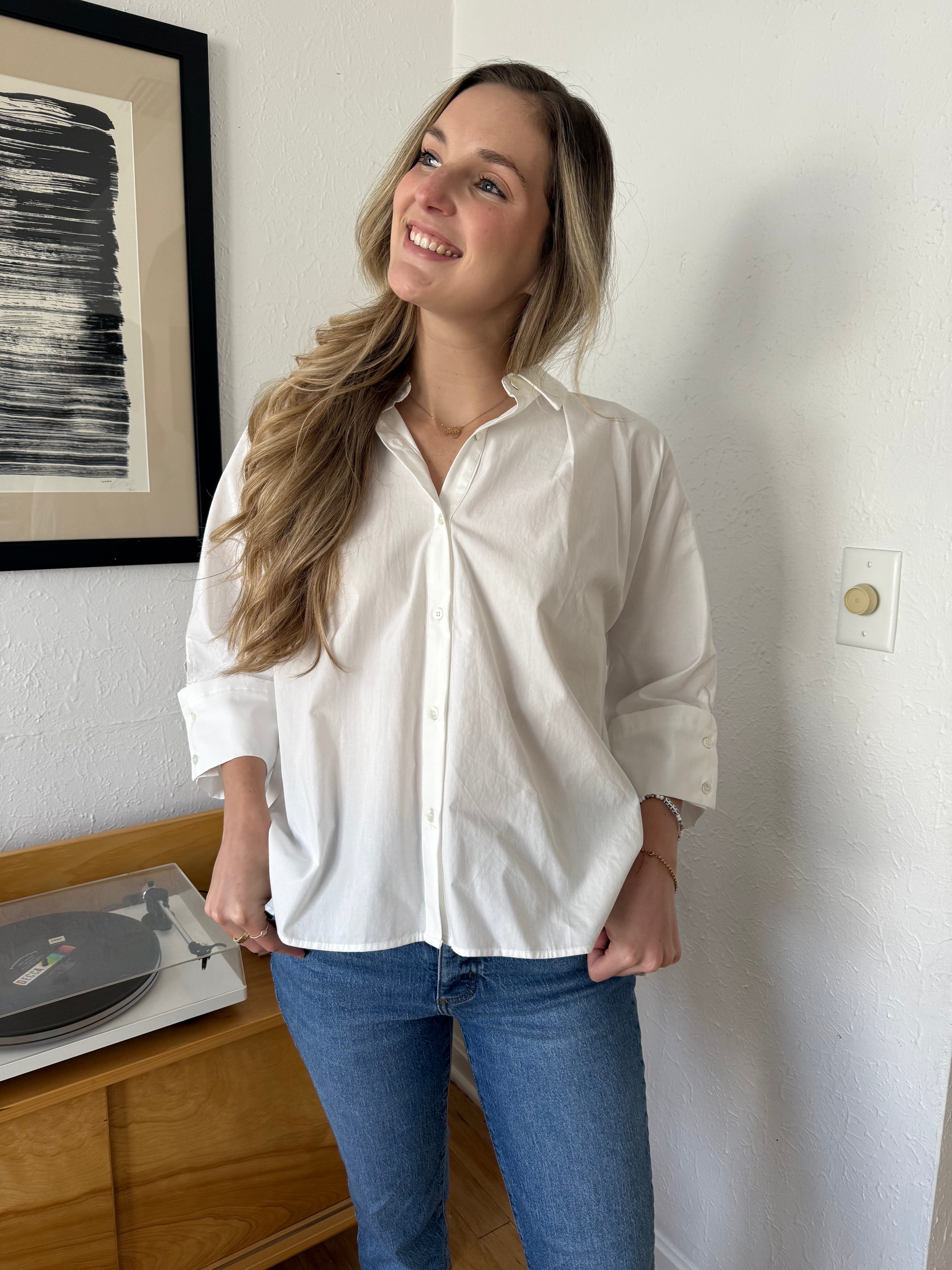 PINCH Wren White Cotton Elbow Cuff Buttoned Top