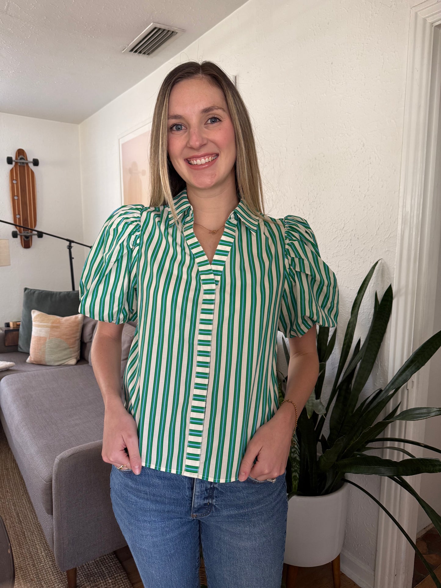 PINCH Zelda Green and Blue Stripe Puff Sleeve Top