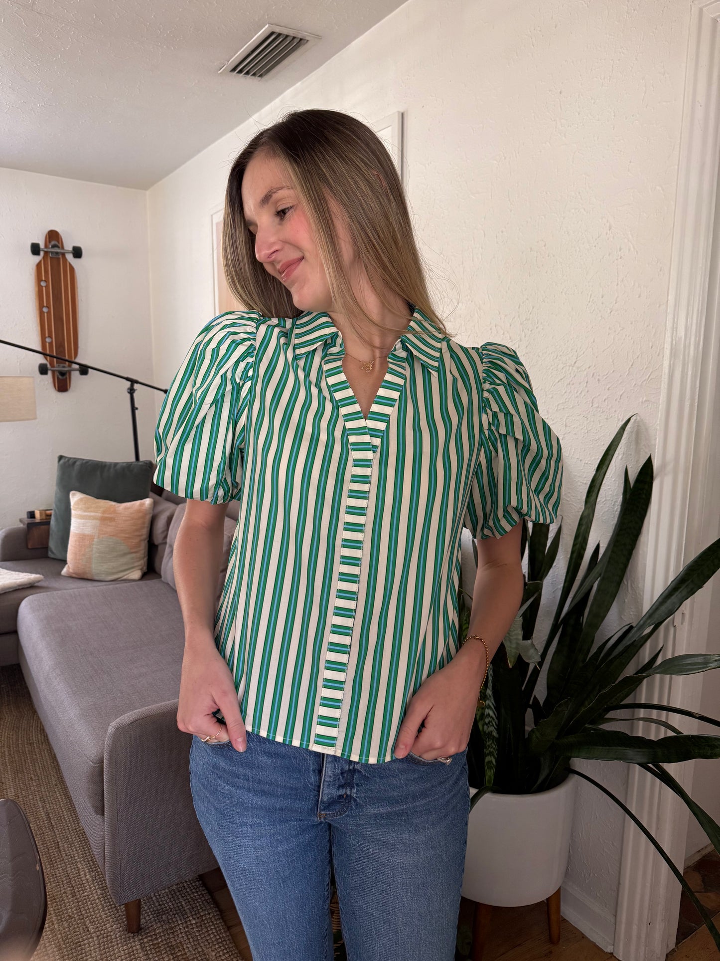 PINCH Zelda Green and Blue Stripe Puff Sleeve Top