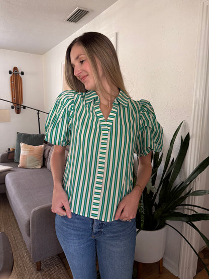PINCH Zelda Green and Blue Stripe Puff Sleeve Top