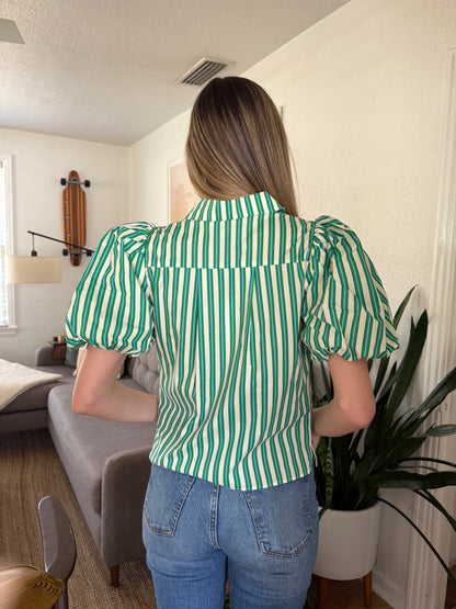 PINCH Zelda Green and Blue Stripe Puff Sleeve Top