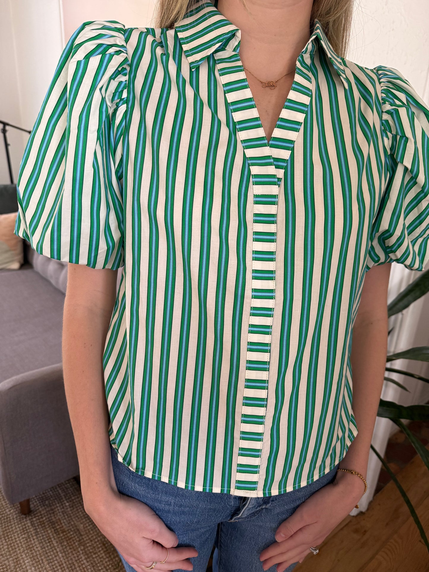 PINCH Zelda Green and Blue Stripe Puff Sleeve Top