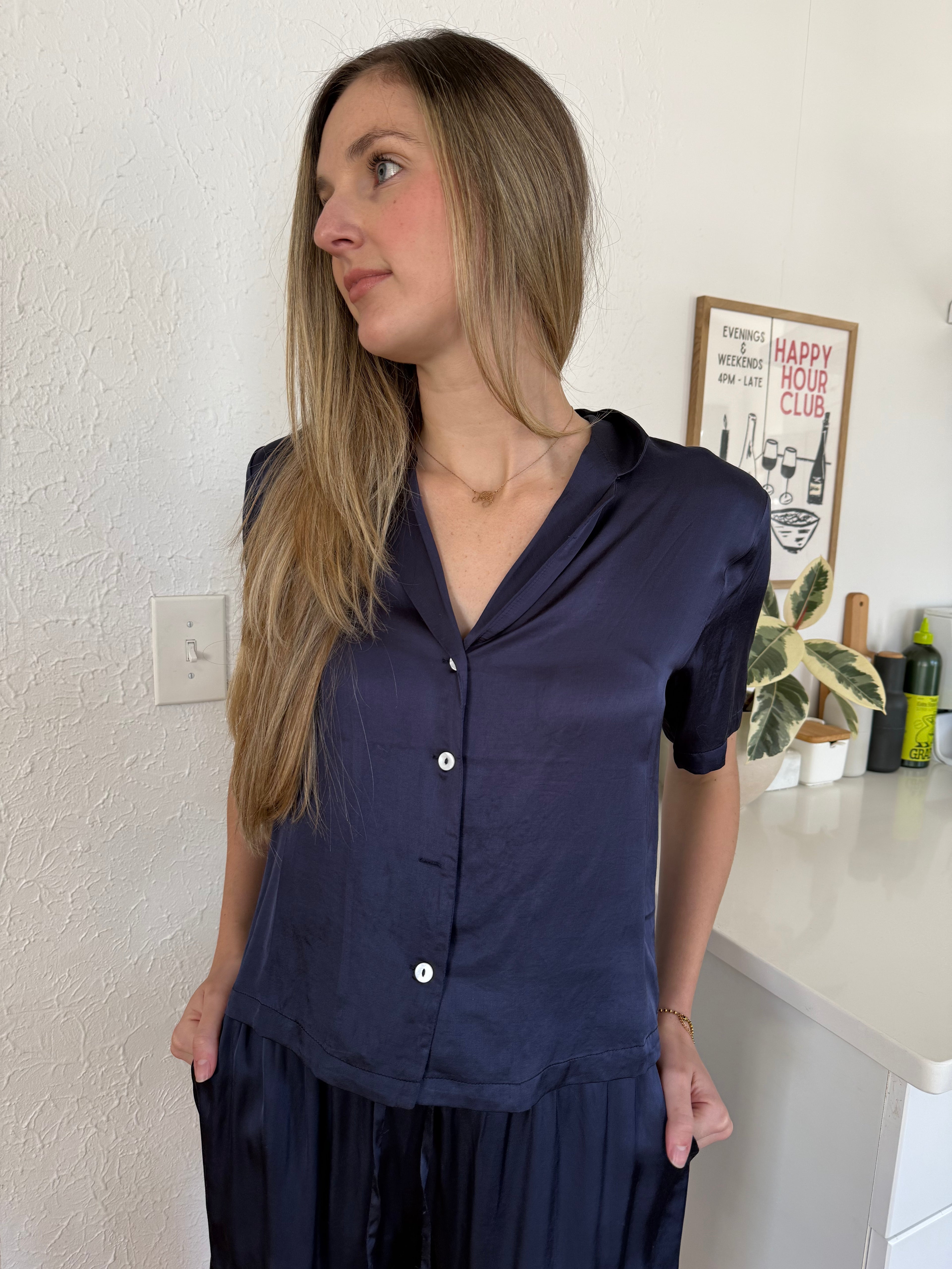 FRNCH Chelly Navy Satin Collared Shirt