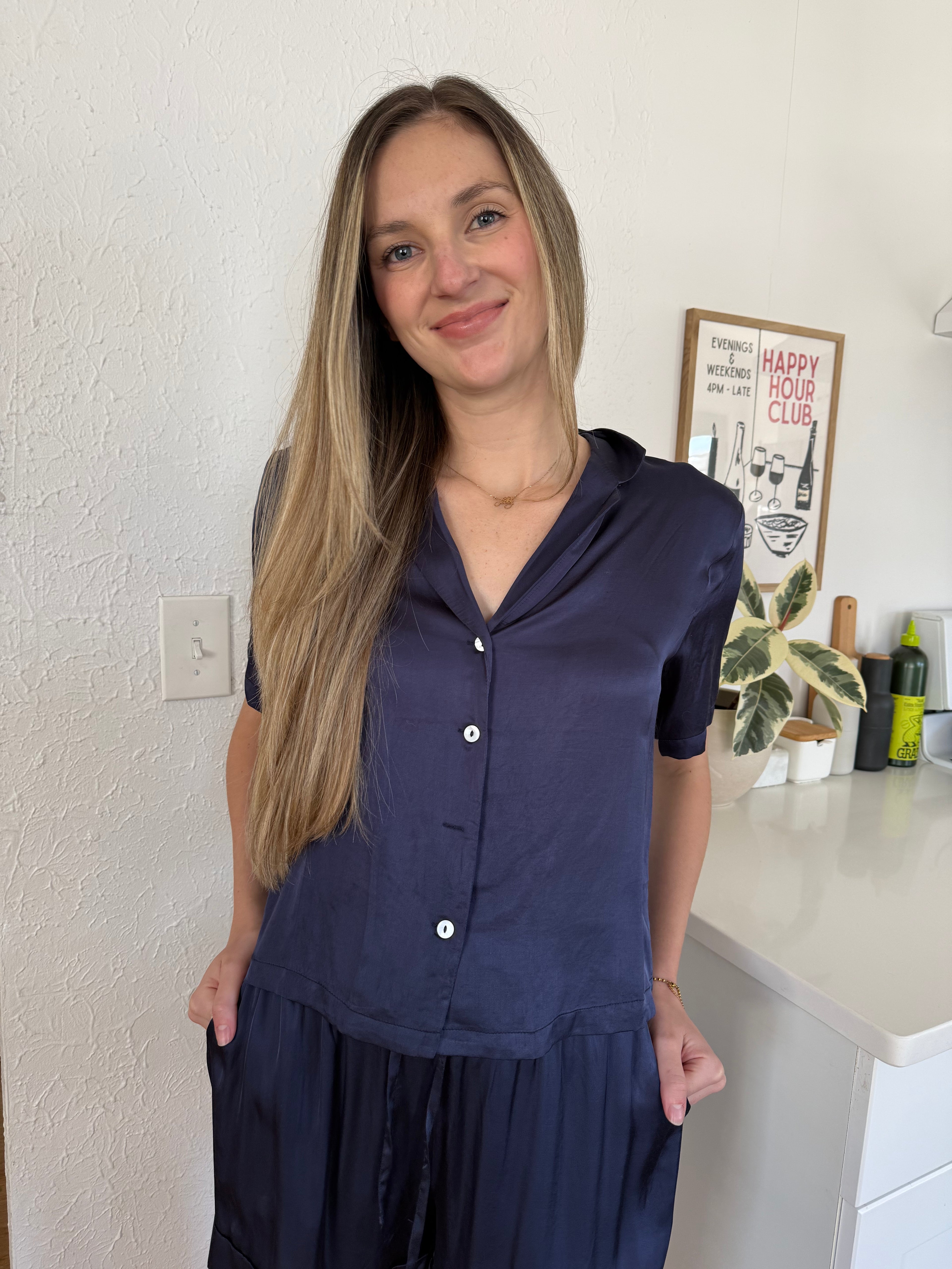 FRNCH Chelly Navy Satin Collared Shirt