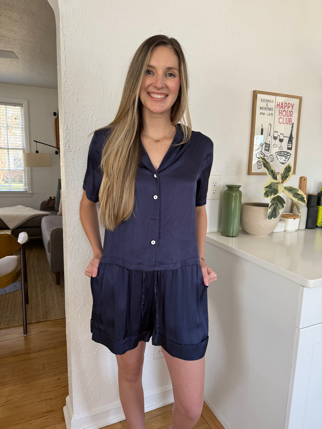 FRNCH Chelly Navy Satin Drawstring Shorts