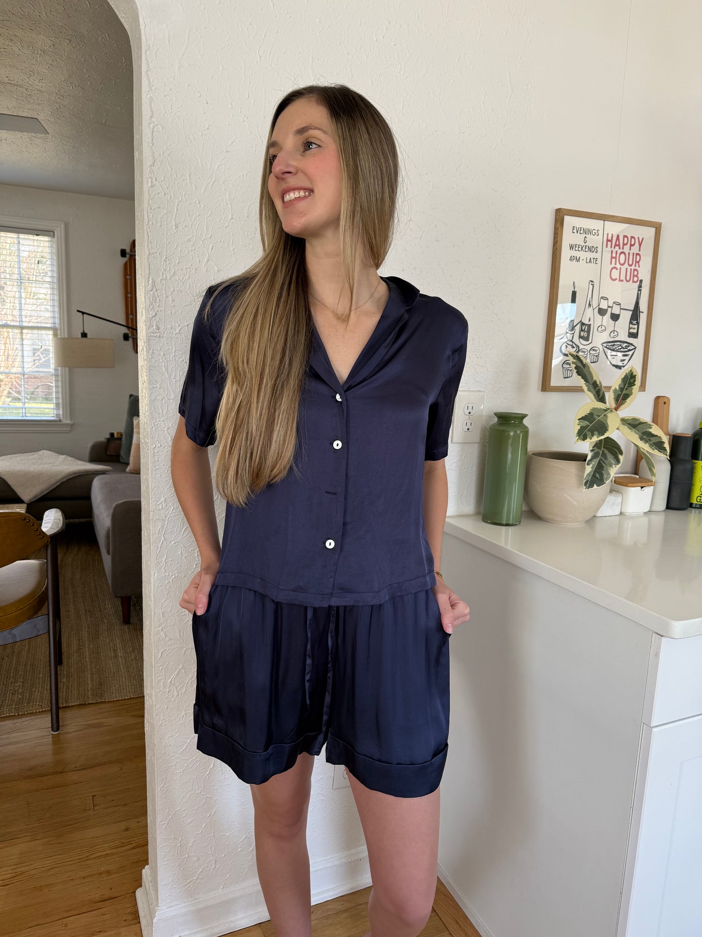 FRNCH Chelly Navy Satin Drawstring Shorts