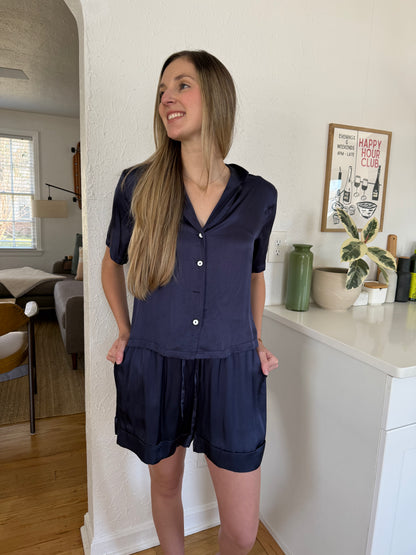 FRNCH Chelly Navy Satin Drawstring Shorts