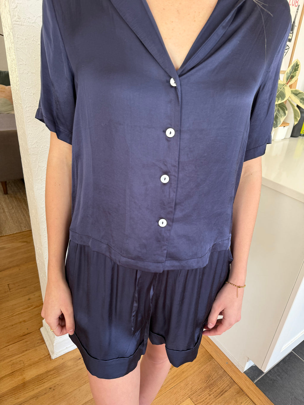 FRNCH Chelly Navy Satin Drawstring Shorts