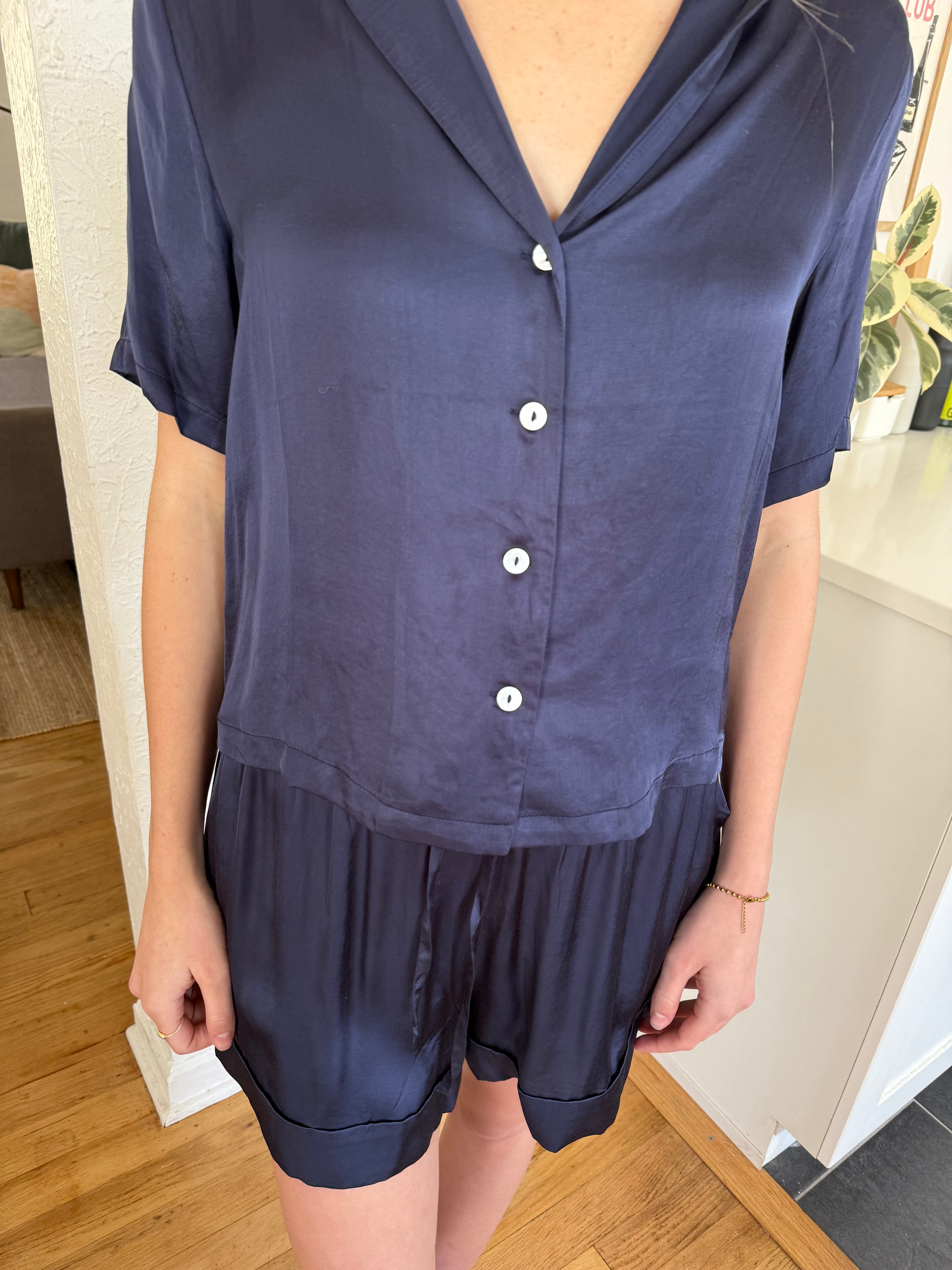 FRNCH Chelly Navy Satin Drawstring Shorts