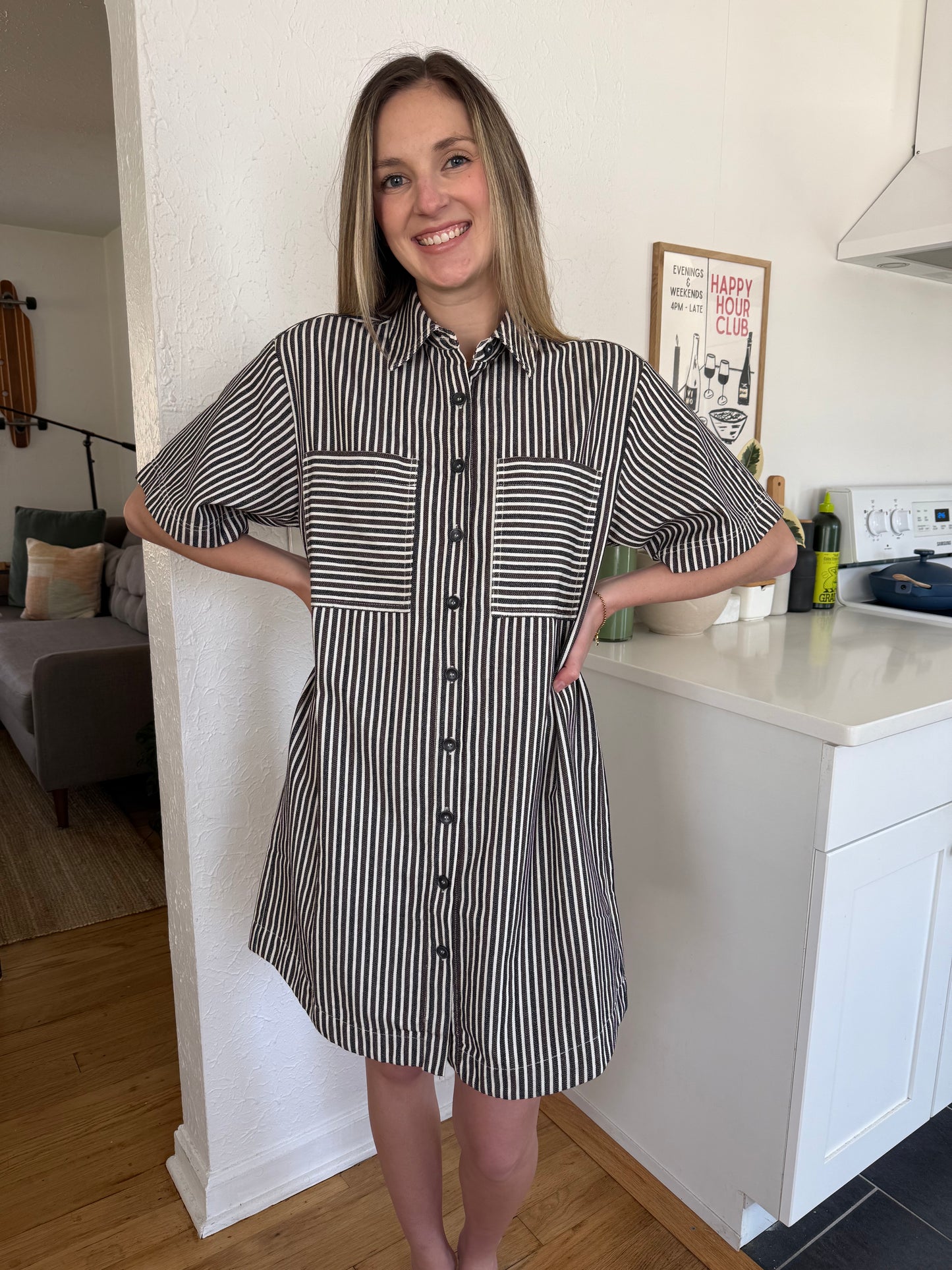 FRNCH Dalva Chocolate Stripe Buttoned Mini Dress