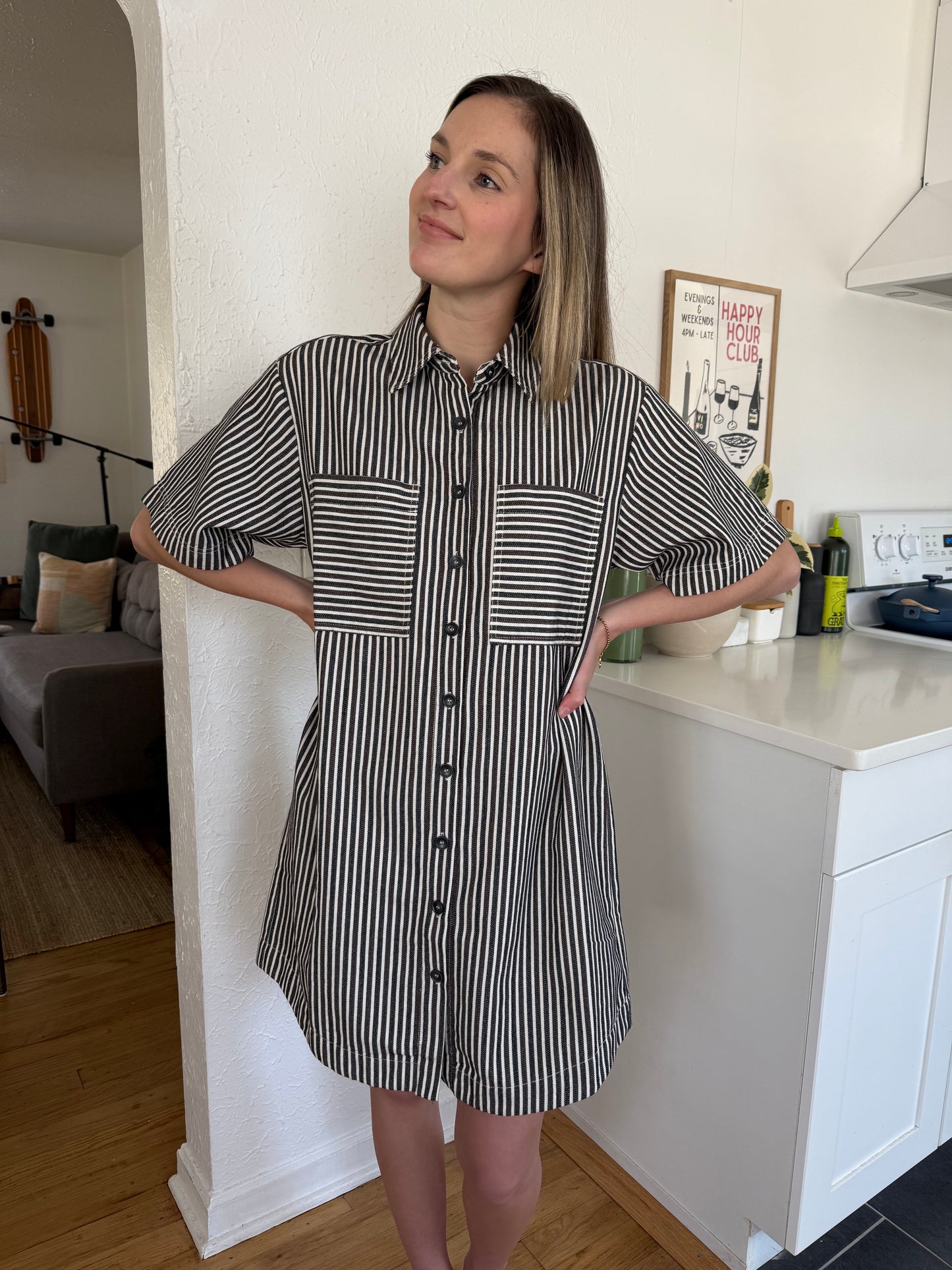 FRNCH Dalva Chocolate Stripe Buttoned Mini Dress
