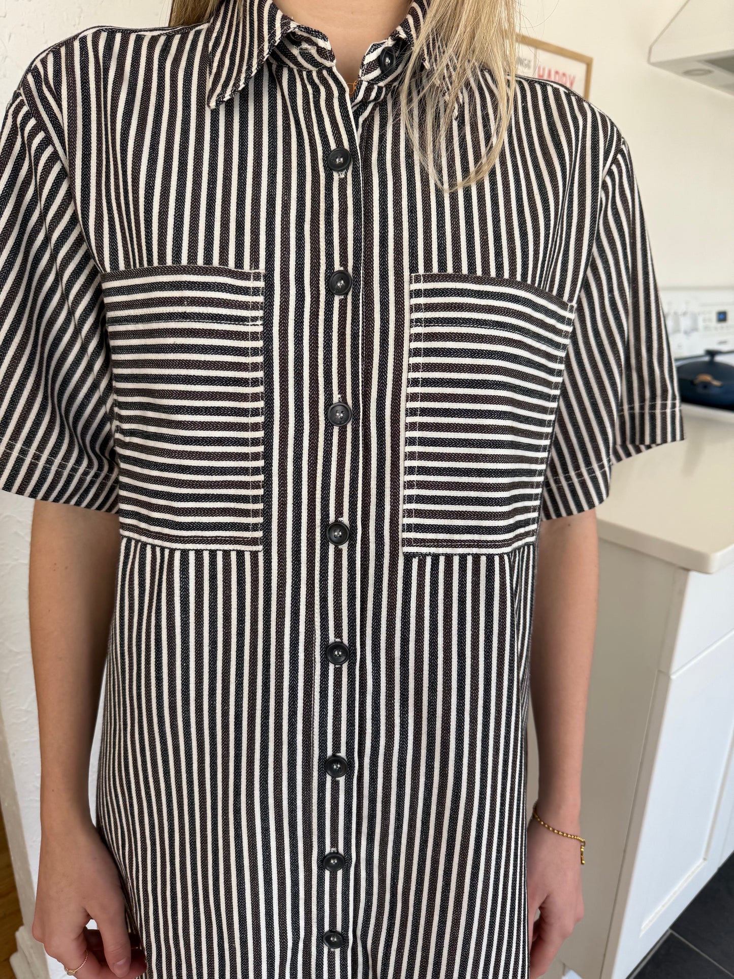 FRNCH Dalva Chocolate Stripe Buttoned Mini Dress