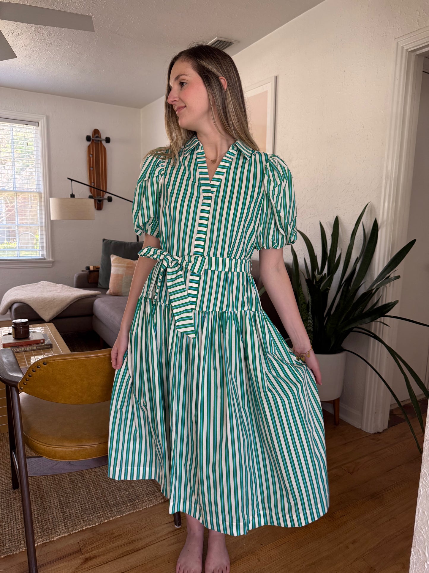 PINCH Zelda Green and Blue Stripe Belted Midi Dress