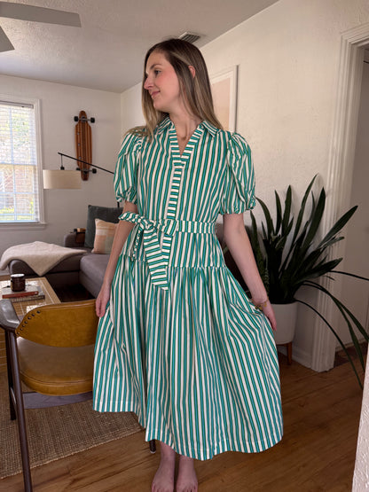 PINCH Zelda Green and Blue Stripe Belted Midi Dress